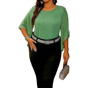 SHEIN Plus 3X Green Shimmer Pearl Sleeve Party Blouse